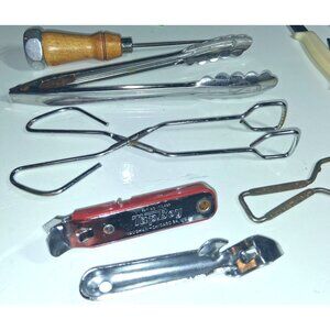 Vintage Kitchen Tool Set Tap Boy Vaughan Chicago & Assorted Metal Tongs Bottle O